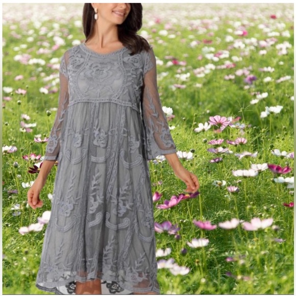 Mindful Souls Gray Shift Dress with Full Lace Overlay 18 - Picture 1 of 5